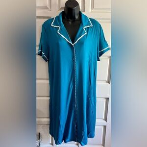 Teal Button-Front Short Sleeve Nightshirt with White Trim